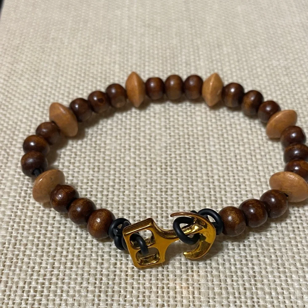 Brown two tone wood Beaded 8” long Bracelet with Gold anchor and loop Clasp
